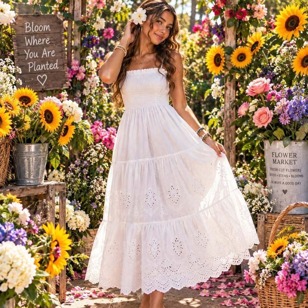 AQUA White Cotton Eyelet Maxi Dress Size XS Smocked Tiered Boho
